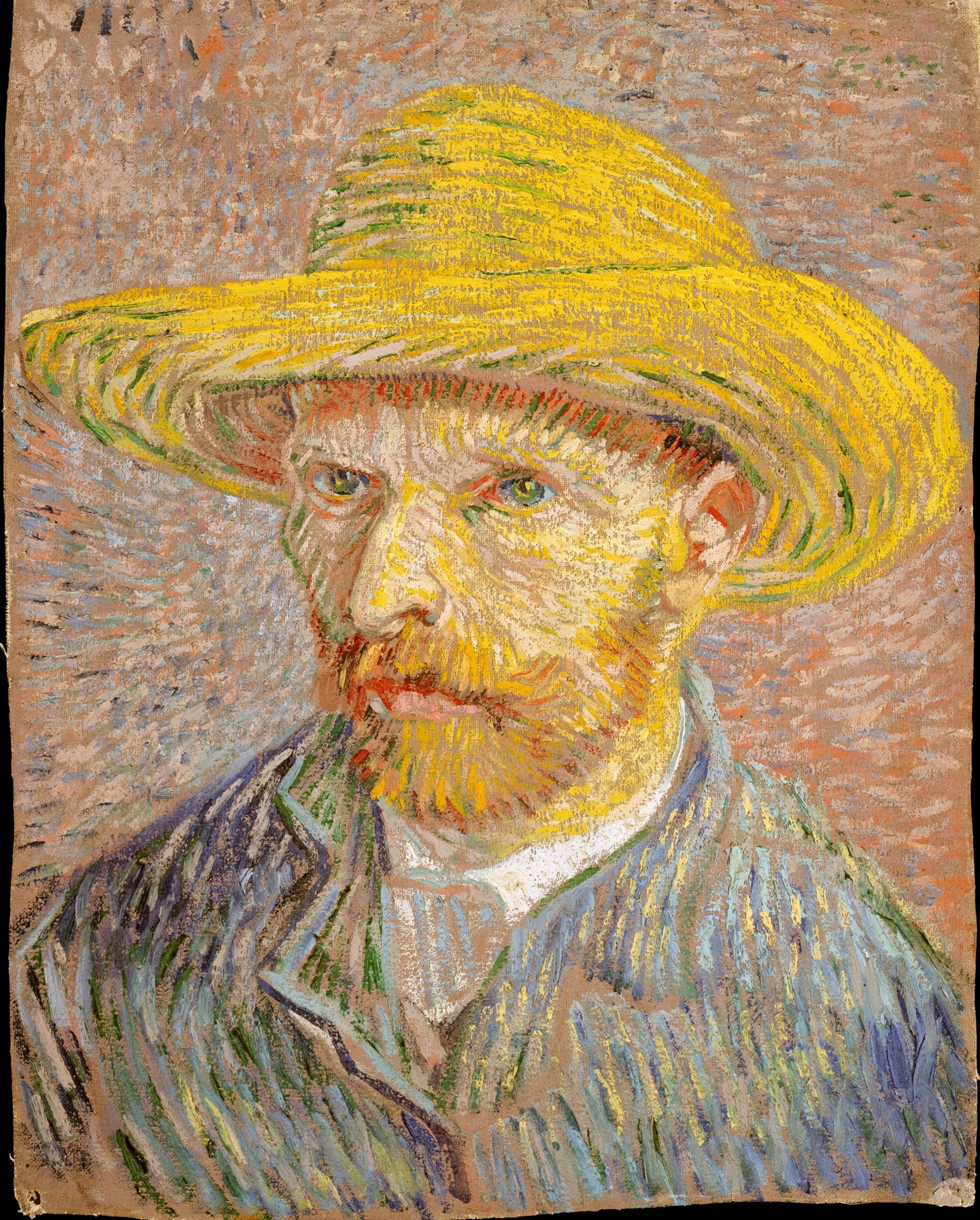 Vincent van Gogh’s Self-Portrait with a Straw Hat, with expressive strokes of blue, gold and red