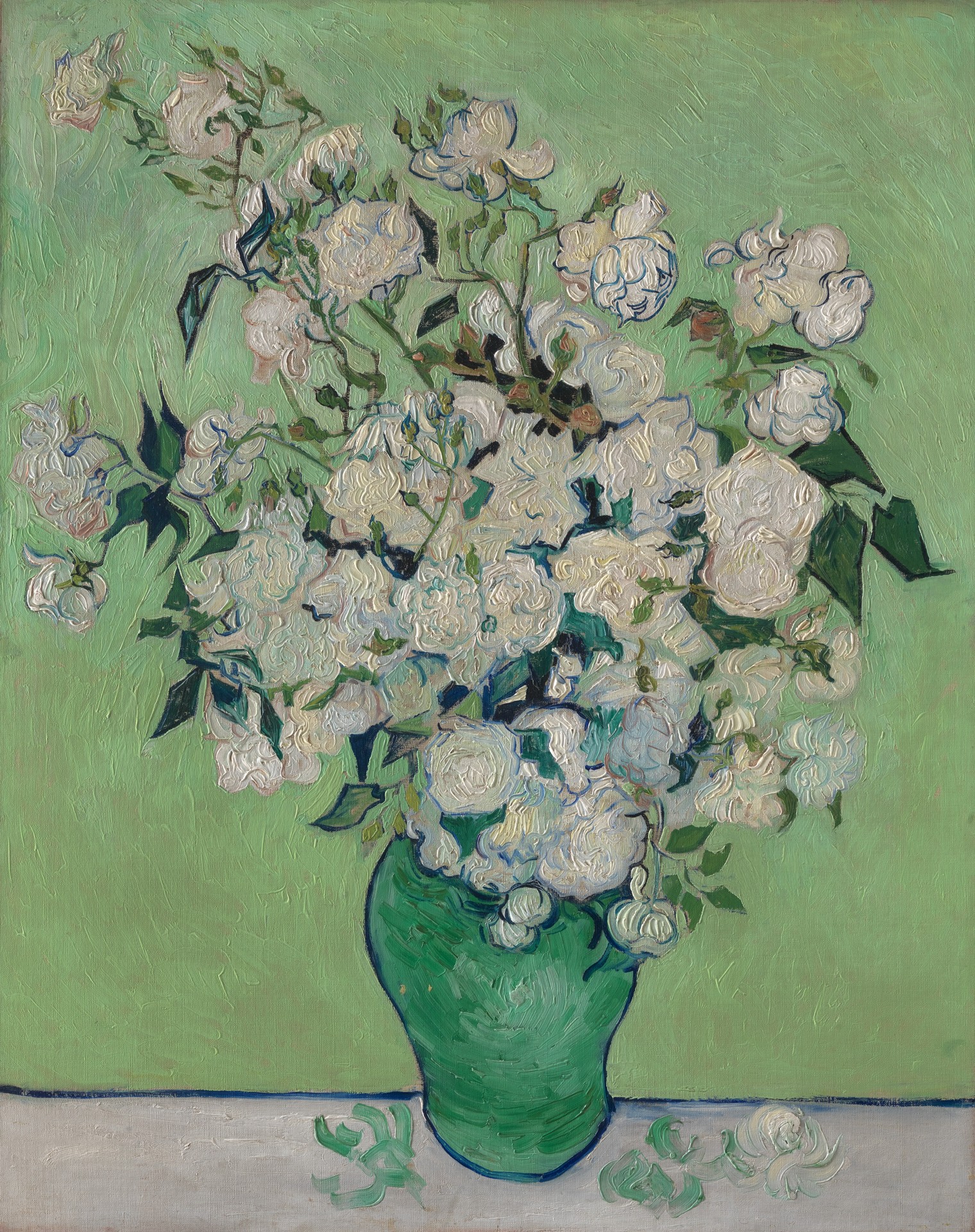 Vincent van Gogh’s Roses: white flowers in a green vase against a luminous green background