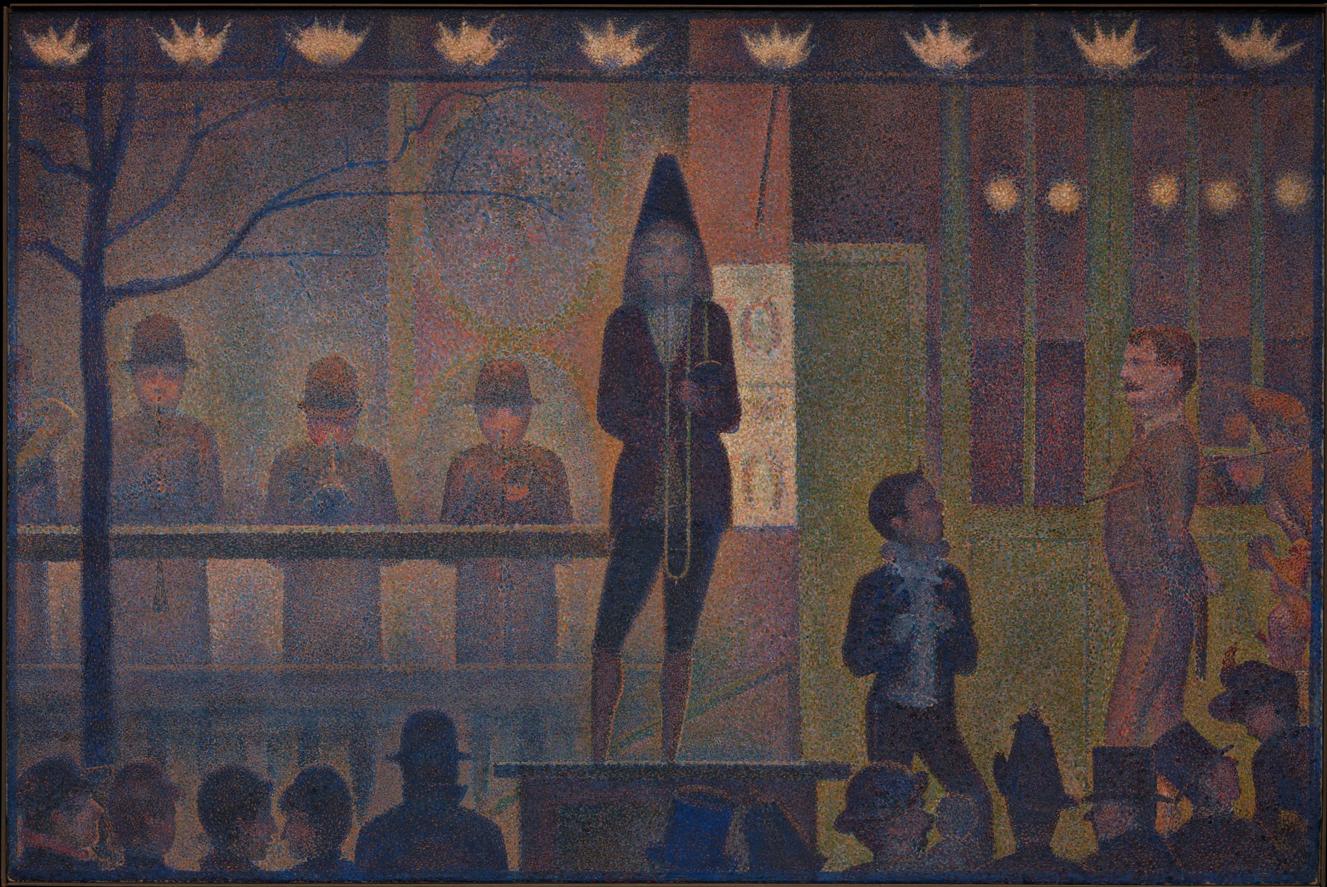 Georges Seurat’s Circus Sideshow: musicians and spectators in a luminous, dotted nighttime scene