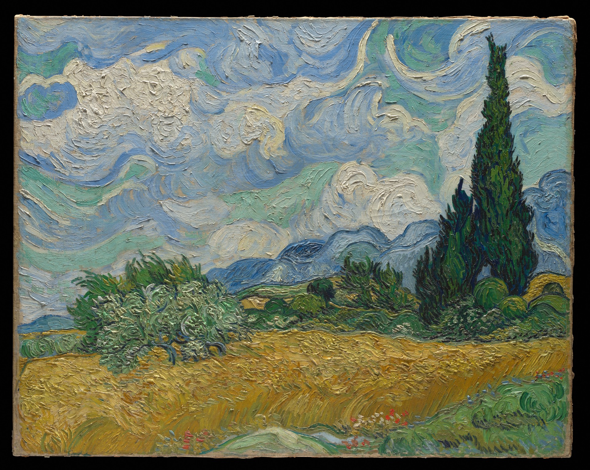 Vincent van Gogh’s Wheat Field with Cypresses: golden fields, green cypresses and swirling blue sky